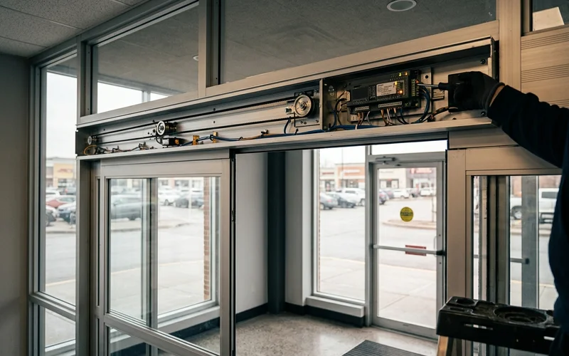 Automatic sliding door header with operator and controller during commissioning