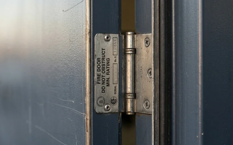 Fire door label on the hinge edge of a hollow metal door and frame