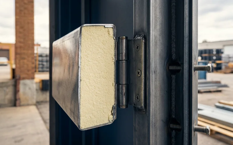 Hollow metal door edge showing steel skin and core beside a welded frame