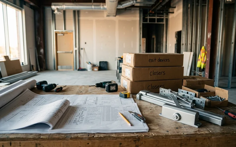 Hardware schedule and shop drawings beside boxed closers and exit devices on site