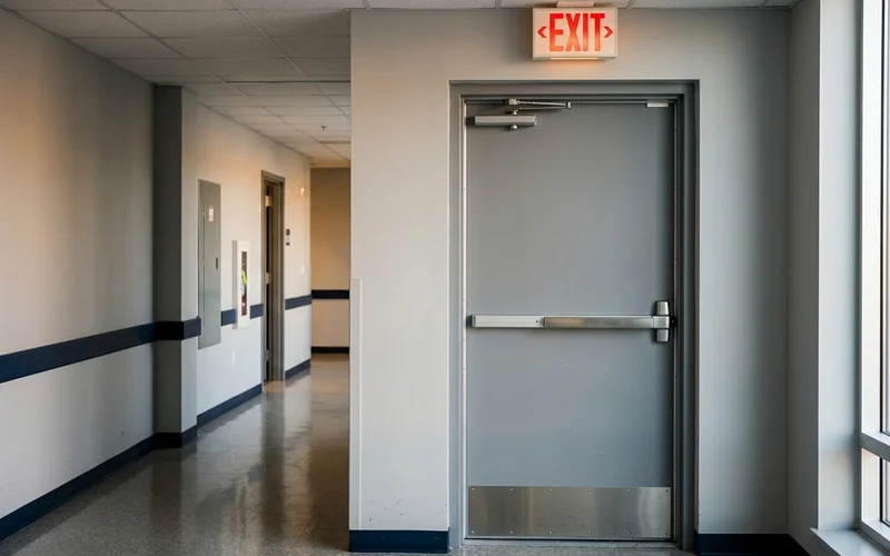 Exit sign above a new steel fire exit door with panic hardware