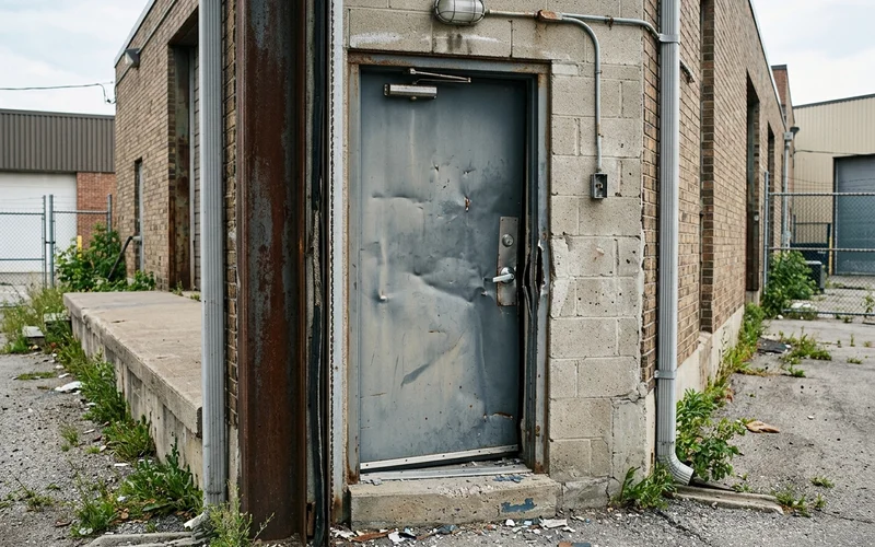 Kicked-in steel door with buckled skin and torn lock edge