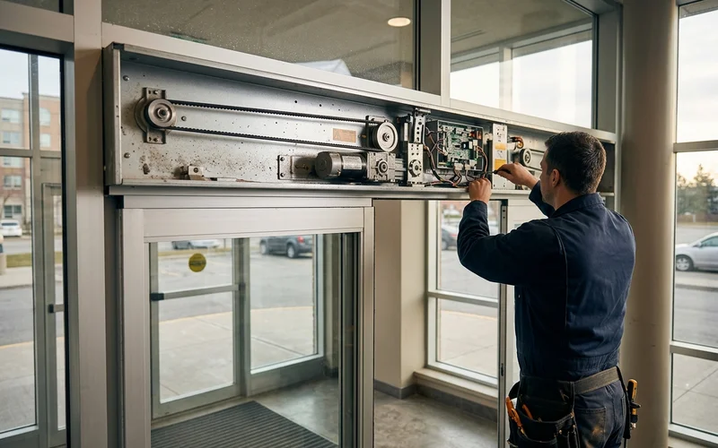 Open automatic door header showing the drive belt, motor, gearbox and controller board