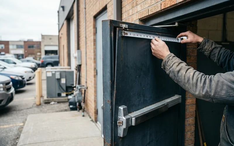 Measuring the uneven gap on a sagging commercial door before hinge repair