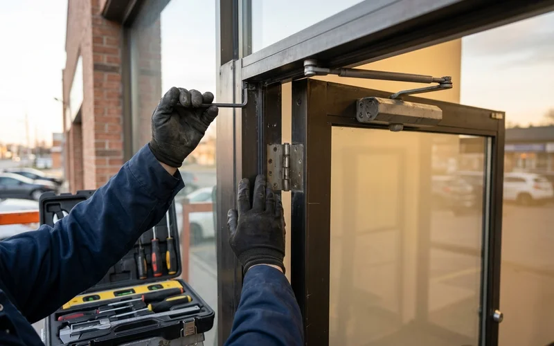 Technician diagnosing a sagging aluminum entrance door at the pivot and closer arm