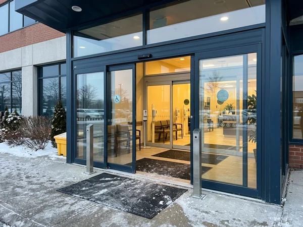 Automatic sliding vestibule at a clinic entrance in winter