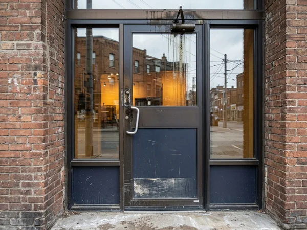 Before: storefront door with sheared handle and leaking closer