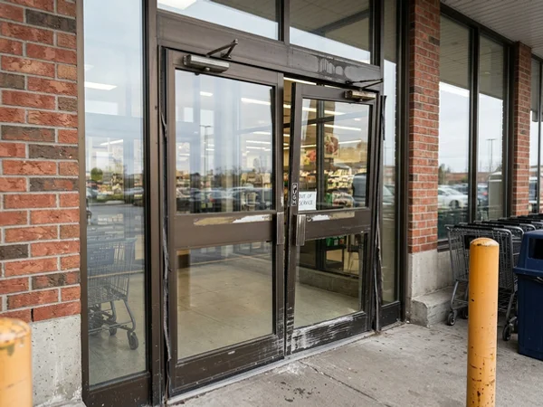 Before: worn swing pair at a Brampton grocery entrance