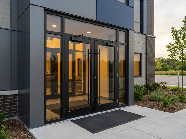 Black anodized aluminum entrance at a professional office building