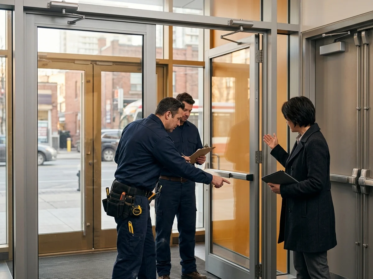 Crew reviewing a finished commercial door project with a property manager