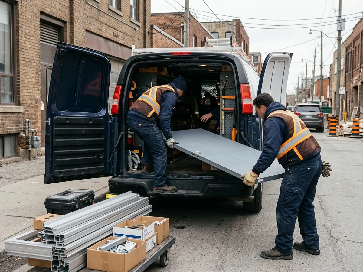 Commercial door crew unloading doors and hardware at a Toronto job site