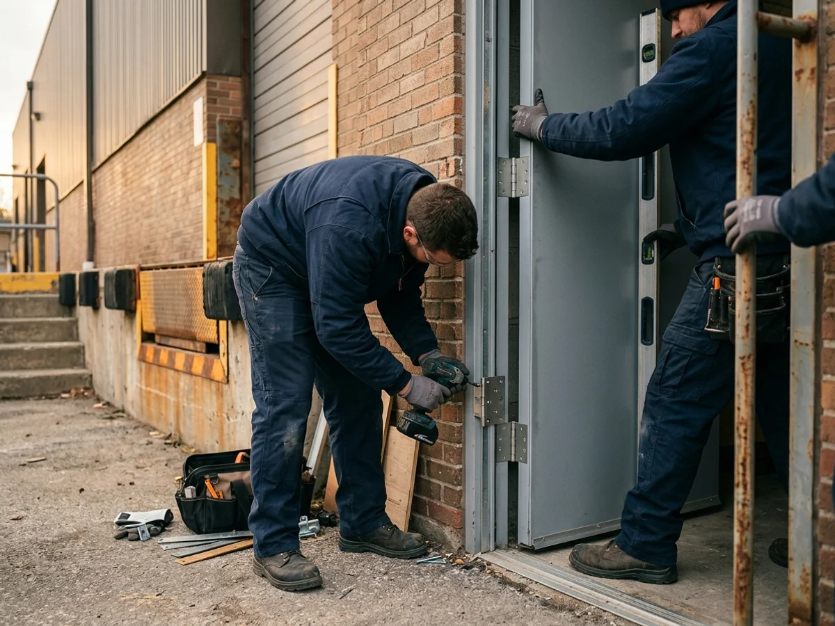 Crew hanging a replacement steel pedestrian door beside a loading dock at a Vaughan warehouse
