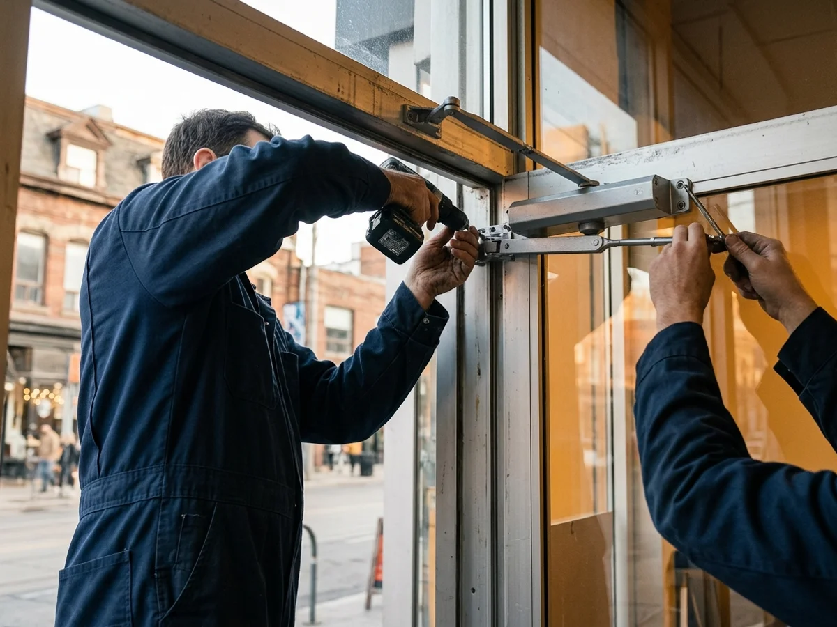 Crew in navy workwear installing a Dorma closer on a Toronto storefront door