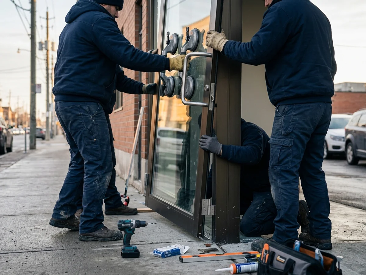 Crew lifting a new full-lite aluminum door into an existing storefront frame early morning in Toronto
