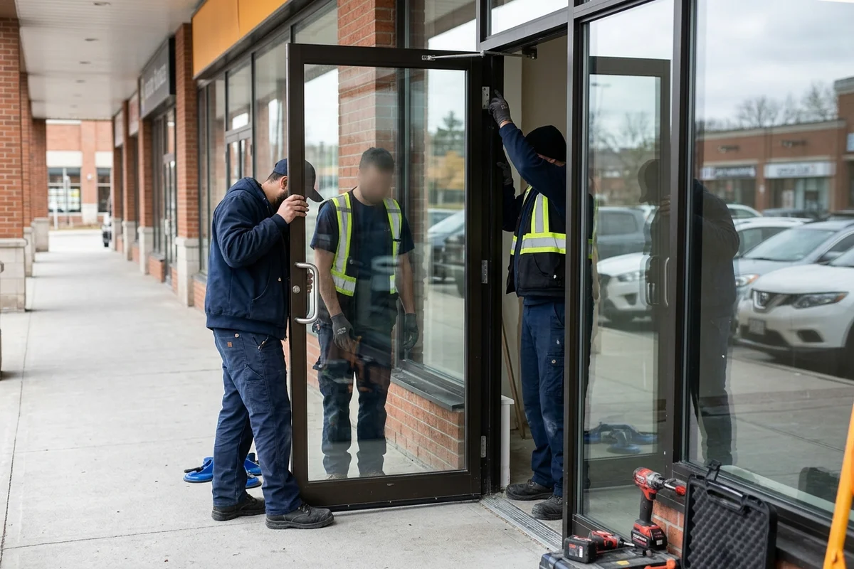 Crew lifting a new storefront door into an existing frame before opening