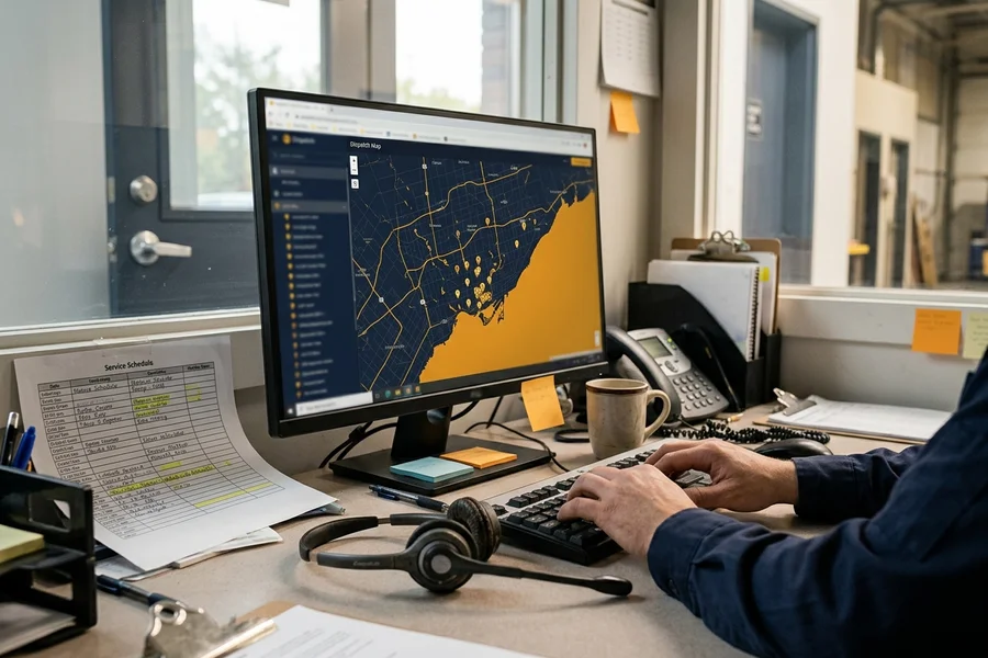 Dispatch desk coordinating commercial door crews across Toronto