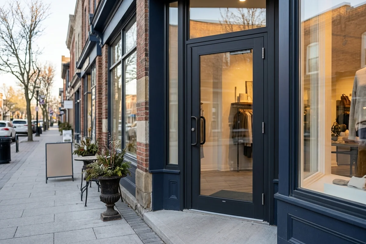 Downtown Oakville boutique with a new full-lite aluminum storefront door
