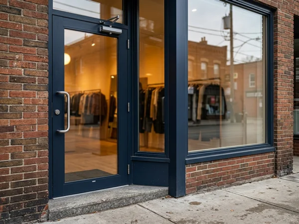 Finished storefront entrance with new pull handle and reset closer