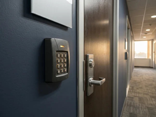 FOB reader and keypad beside a tenant suite door