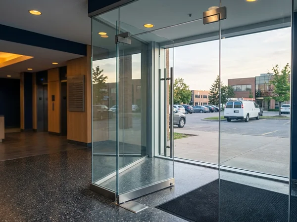 Frameless all-glass entrance door on a floor spring