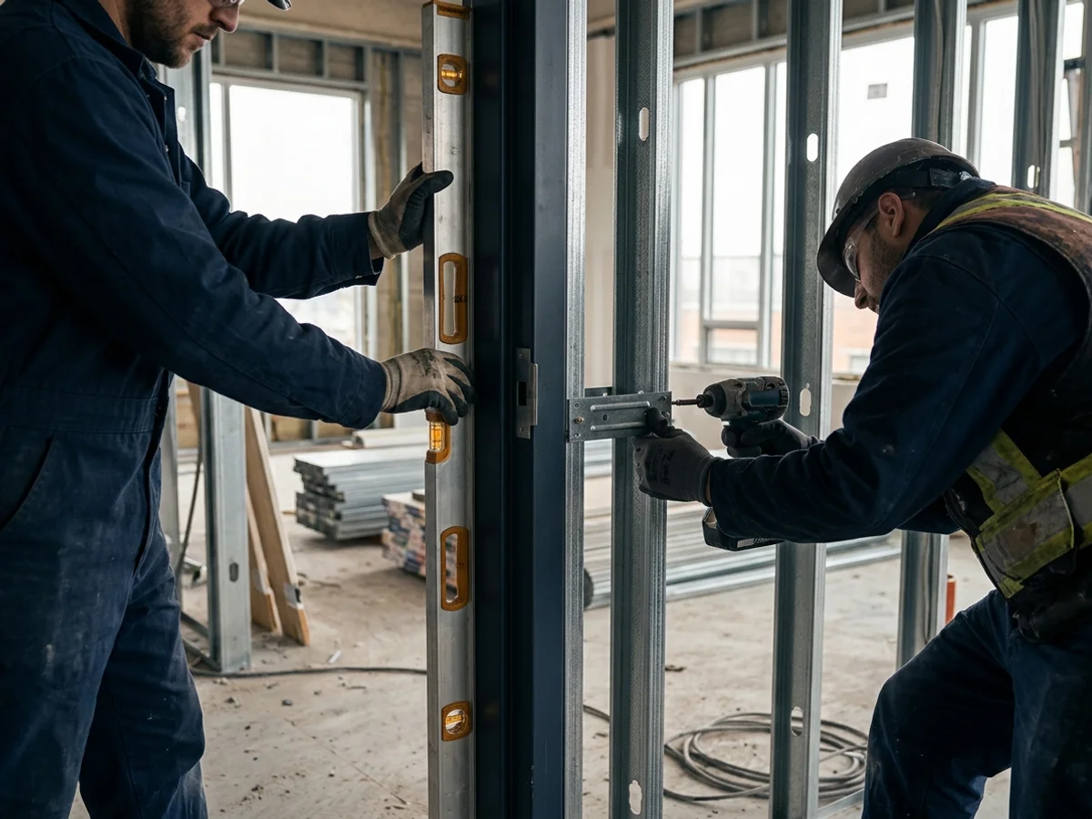 Installers setting hollow metal frames in steel stud walls on a Toronto commercial fit-out