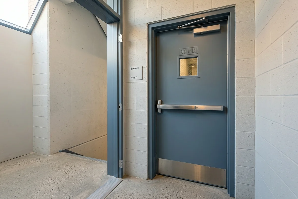 Labelled 90-minute stairwell fire door installed in a North York office tower