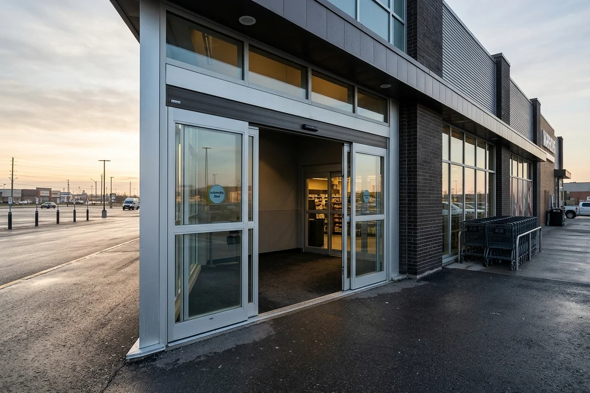 New bi-parting automatic sliding entrance at a Brampton grocery store at dawn