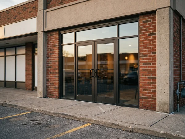 New double-door aluminum storefront entrance at a plaza restaurant