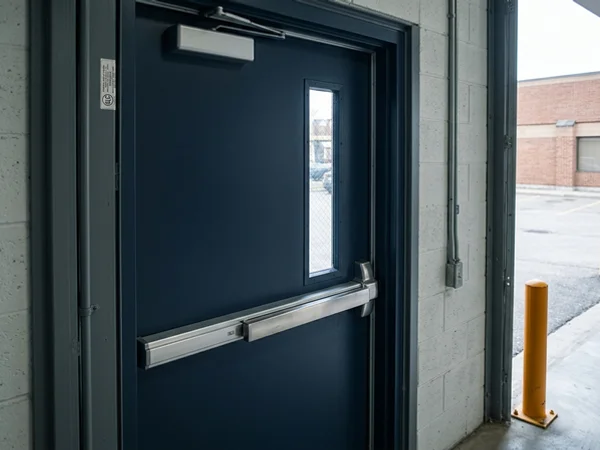 New insulated exit door with exit device and labelled frame