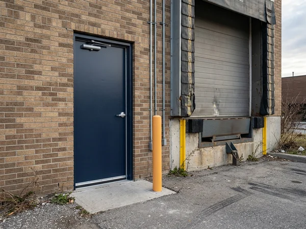 New steel pedestrian door with sweep beside dock levellers