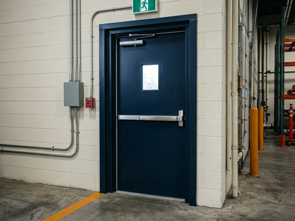 New rim exit device installed on a rear warehouse exit door