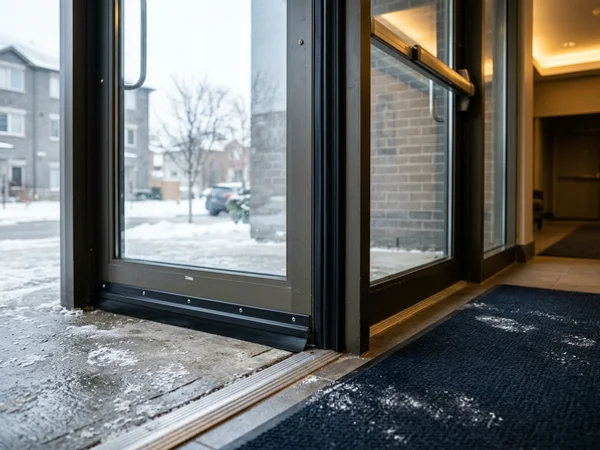 New weatherstripping and sweep fitted on a condo lobby entrance door