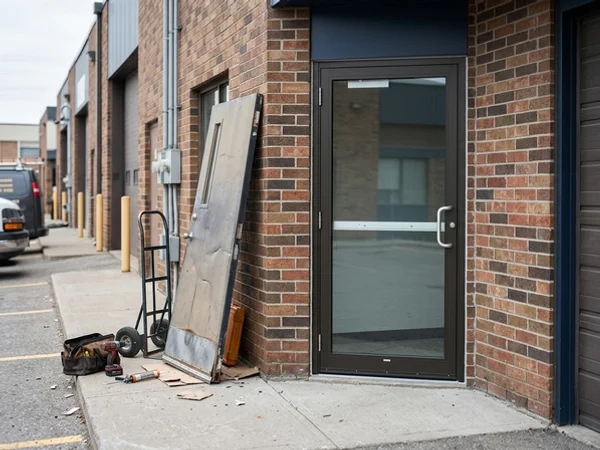 Old bent door removed beside the new replacement door