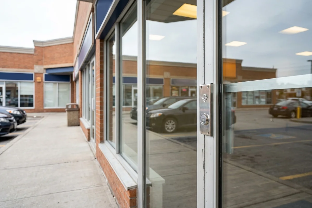 Repaired storefront door with new laminated glass and deadlock