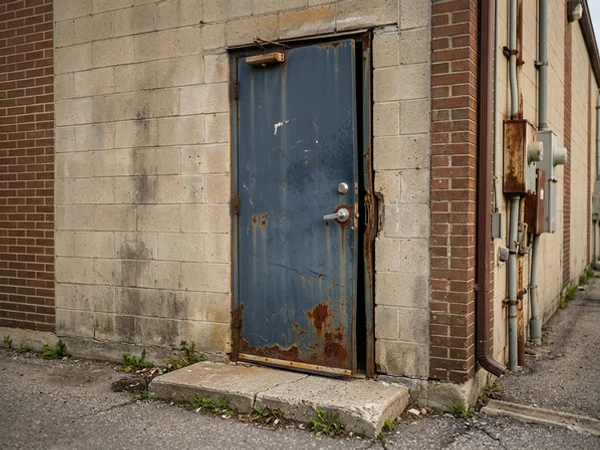 Rusted rear exit door that no longer latches