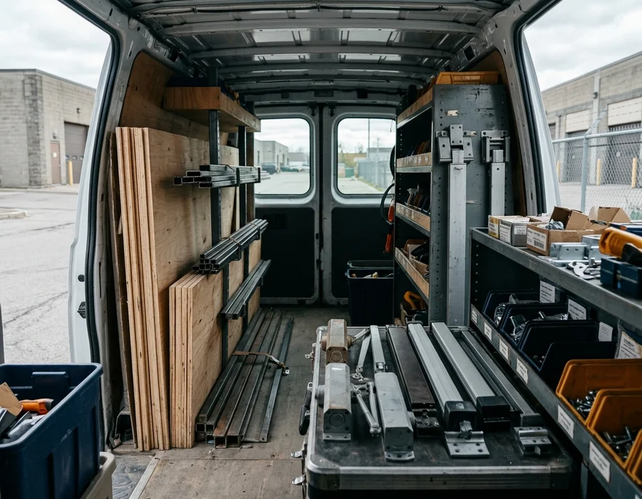 Service van organized with commercial door parts and board-up materials