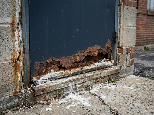 Steel door bottom rail rusted through from road salt