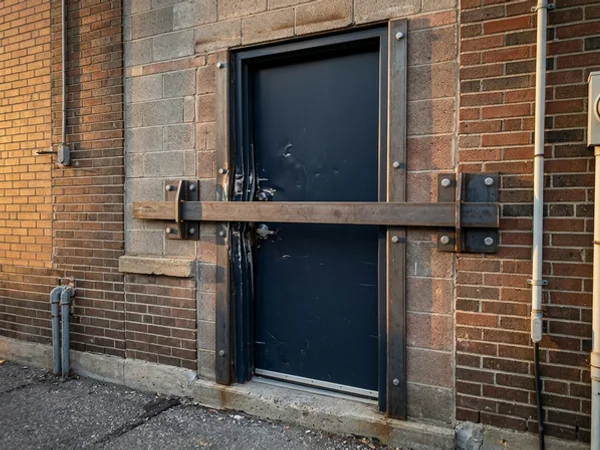 Steel security bar across a warehouse door after forced entry