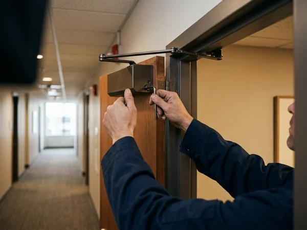 Technician adjusting an LCN 4040XP closer on an office corridor door