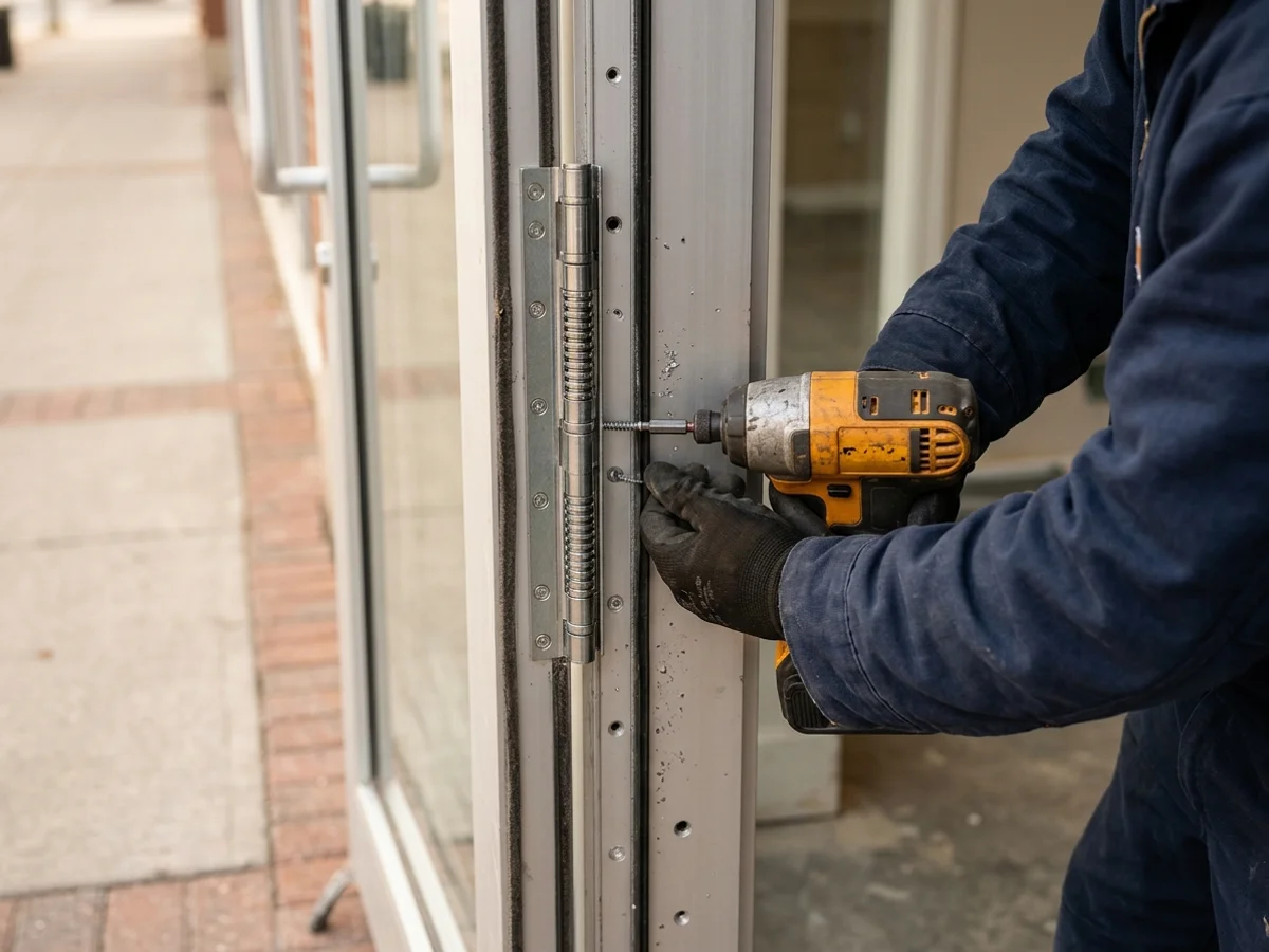Technician fastening a continuous geared hinge to an aluminum plaza entrance door