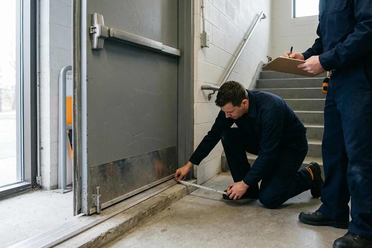 Measuring fire door clearance during an NFPA 80 inspection