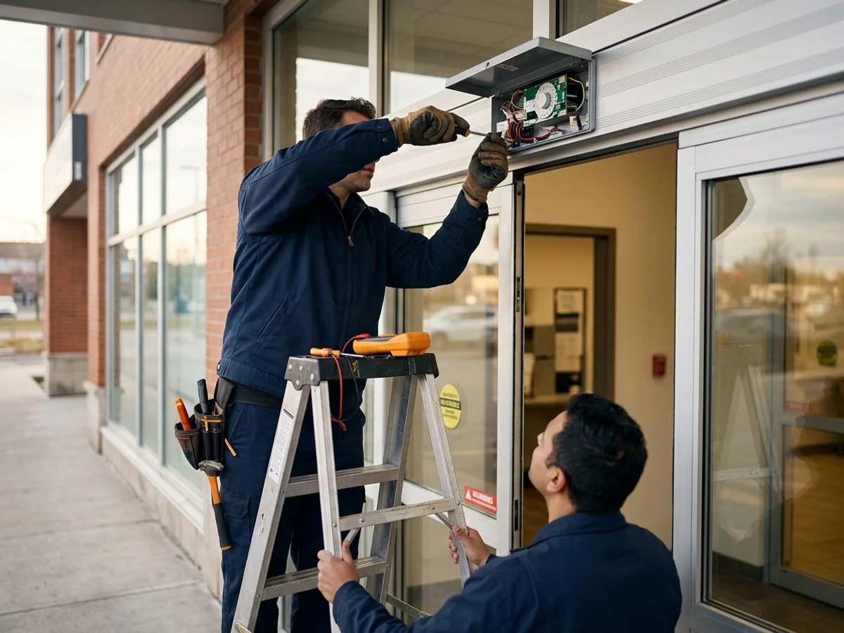 Technician recalibrating an overhead sensor on an automatic sliding glass entrance at a Toronto clinic