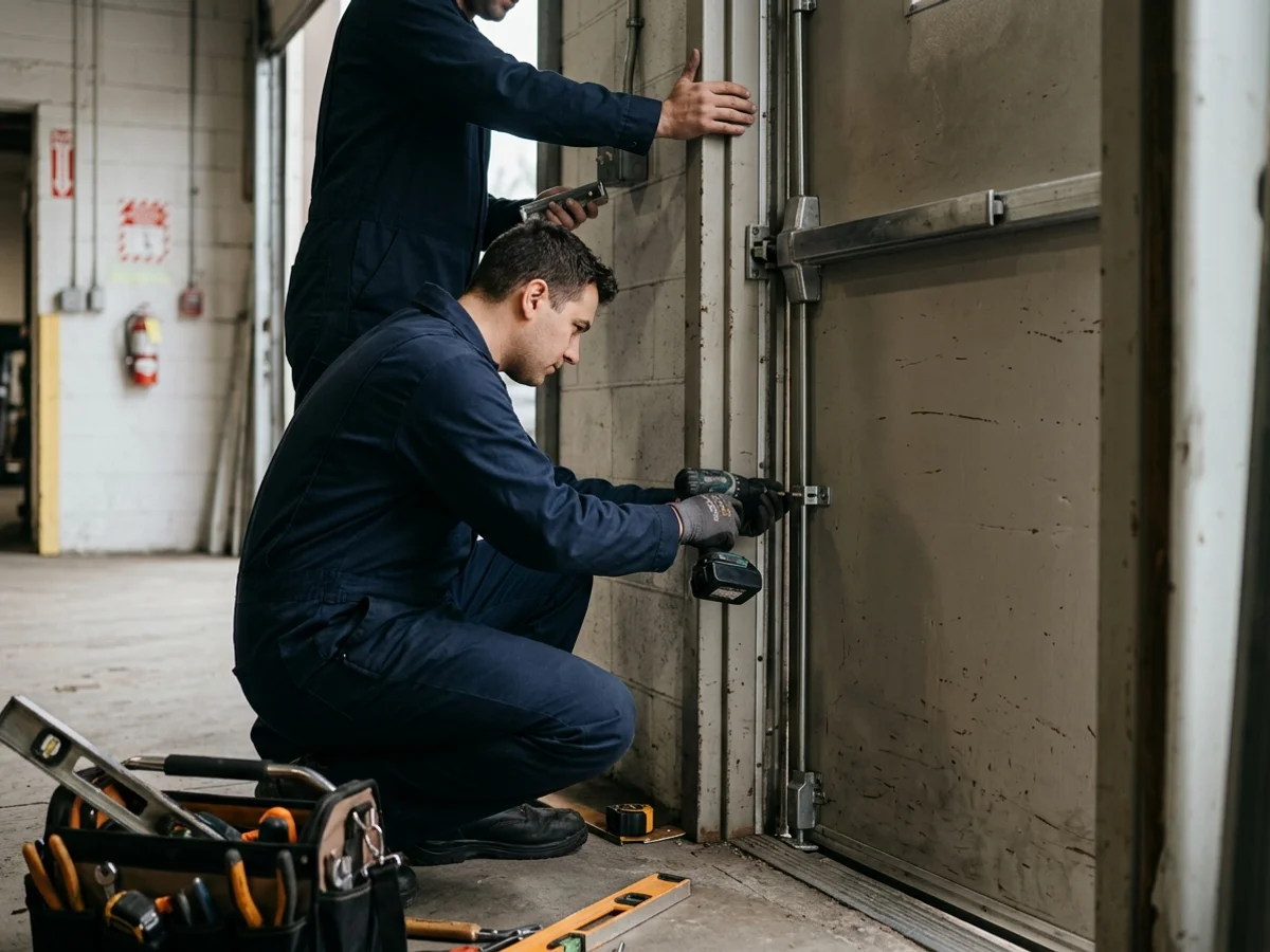 Technician replacing the vertical rod on a Von Duprin panic bar on a steel warehouse exit door
