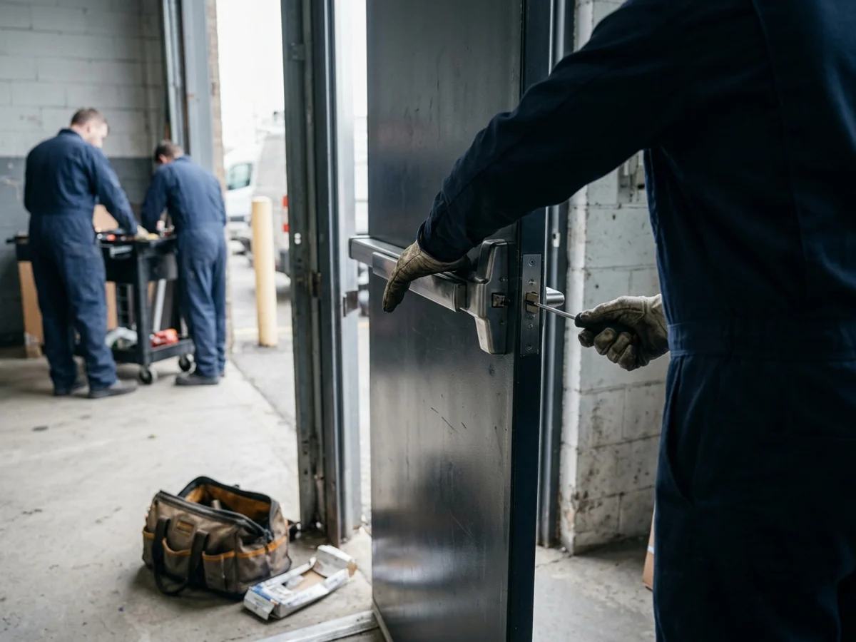 Technician testing a new panic bar on a replaced steel fire exit door in an industrial building