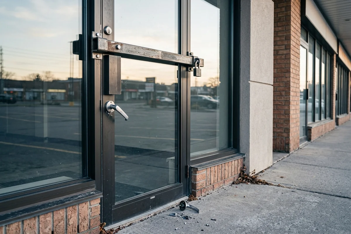 Temporary security bar on a storefront door with a sheared handle