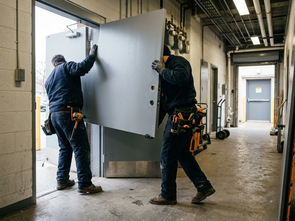 Two installers carrying a new hollow metal door into an office building service corridor