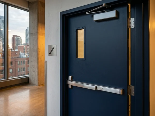 Fire exit hardware on a 90-minute stairwell door