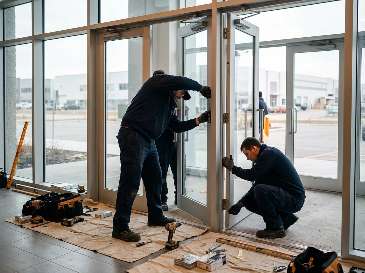 Wide stile aluminum entrance doors being installed in a glass office lobby