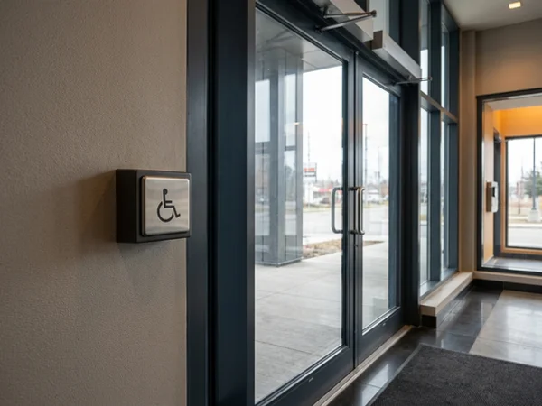 Wireless push plate inside a condo lobby