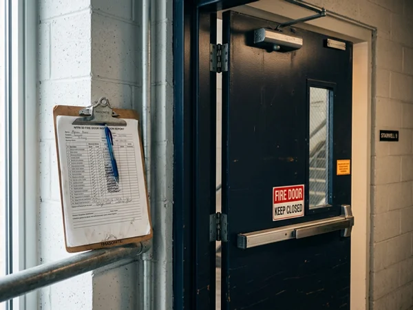 Written NFPA 80 inspection report beside a stairwell door